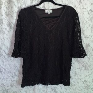 Shannon Ford New York Black Lace V Neck Top Short Bell Sleeve Sleeve Women’s XL
